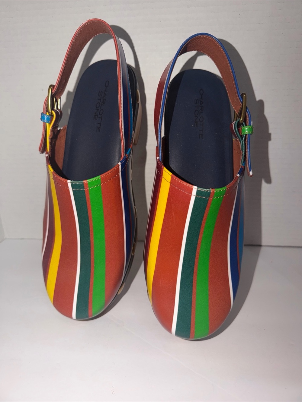 Charlotte Stone Jona Kite Stripe MultiColor Wood Platform Slingback Clog Size 12 - Picture 6 of 10
